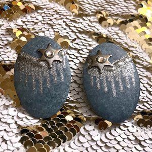VINTAGE BLUE DENIM AND SILVER STAR OVAL RHINESTONE EARRINGS